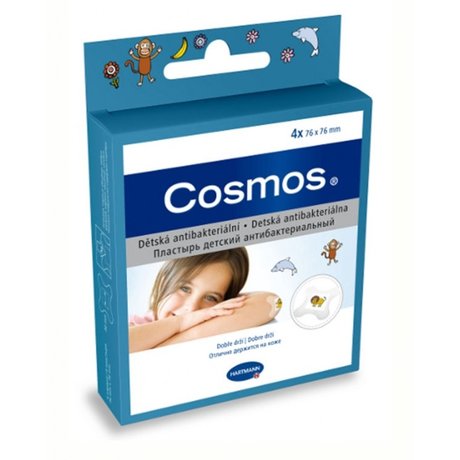 Лейкопластырь COSMOS Kids антибактериальный с рисунком 7,6см х 7,6см , 4 шт.