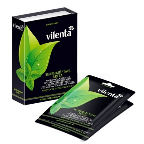 Маска косметическая VILENTA с кремом "коллагеновая" с эктрактом зеленогоя чая и мяты для лица и шеи