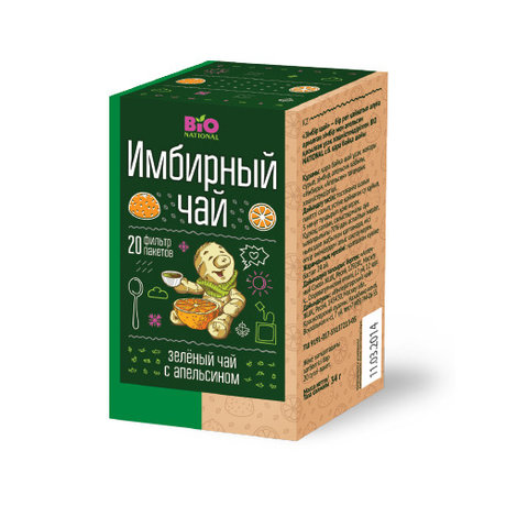 Чай лечебный BIONATIONAL имбирный зеленый Апельсин фильтрпакетики , 1,7 г , 20 шт.