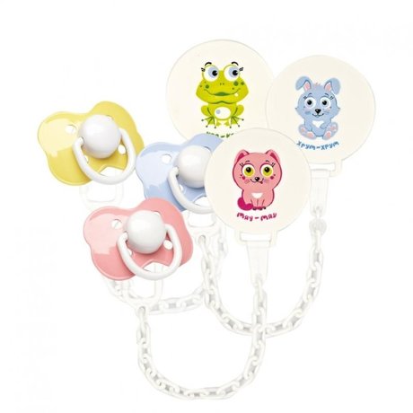 Соска-пустышка КУРНОСИКИ 13104 латексная ортодонтическая с прищепкой (с 3 мес.)