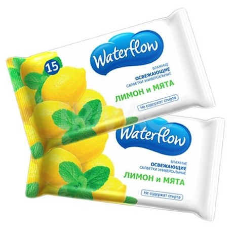 Салфетки WATERFLOW влажные освежающие лимон и мята, 15 шт.