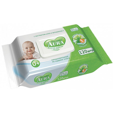 Салфетки детские AURA Ultra Comfort влажные с алоэ и витамином E, 120 шт.  с крышкой