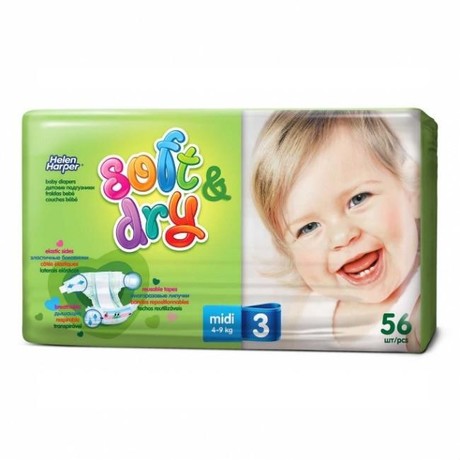 Подгузники HELEN HARPER Soft&Dry Midi (4-9кг), 56 шт.