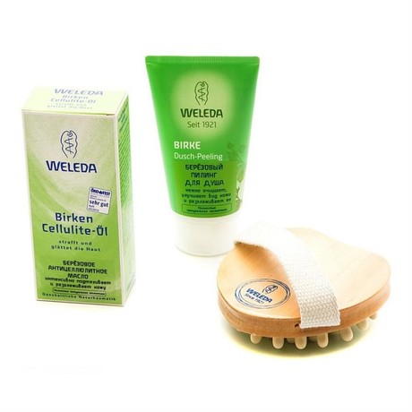 Набор косметический WELEDA антицеллюлитный (березовый пилинг+березовое масло+массажная щетка)