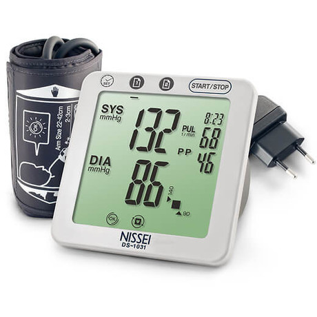 Тонометр NISSEI DS-1031 автомат на плечо, адаптер, манжета-полусфера 22-42см, индик.аритмии, шкала ВОЗ, расчет пульс.давления, память 2*60 изм.+сред.