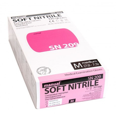 Перчатки смотровые нестерильные   разм. L (нитриловые неопудренные текстурированные Manual SN209) (розовые особочувствительные), 50 пар