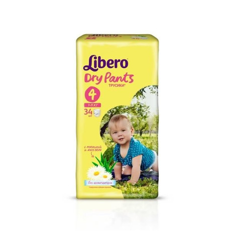 Подгузники-трусики LIBERO Dry Pants Maxi (7-11кг), 34 шт. с ромашкой и алоэ вера