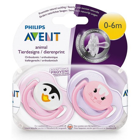 Соска-пустышка AVENT "Домашние животные" силиконовая (0-6 мес.), 2  шт.  (арт. 83512)