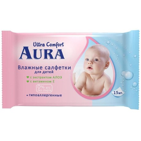 Салфетки детские AURA влажные, 15 шт.