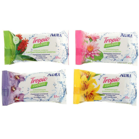 Салфетки AURA Tropical cocktail влажные освежающие, 60 шт. 