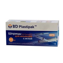 Шприц одноразовый с иглой 2мл (3-х комп.) Plastipak №10 (голуб.)