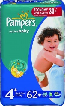 Подгузники PAMPERS Active baby Maxi Plus (9-20кг), 62 шт. 