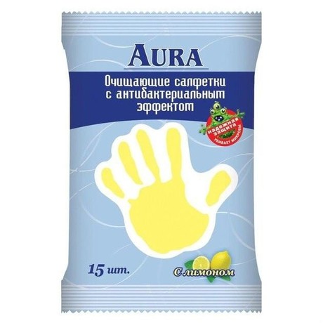 Салфетки AURA лимон влажные антибактериальные, 15 шт.