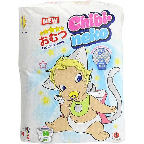 Подгузники MANEKI Chibi-Neko (с 6-11кг) разм. M,  62 шт.