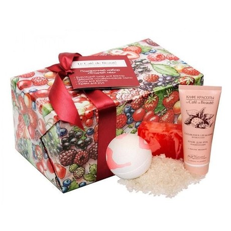 Набор КАФЕ КРАСОТЫ Ягодный лед (соль для ванны + мыло + бурлящий шар для ванны + крем для рук)