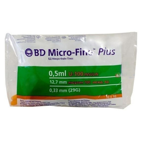 Шприц инсулиновый Micro-Fine + с иглой 0,5мл U-100 (3-х комп.), 1 шт.