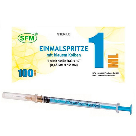 Шприц туберкулиновый с иглой 1мл (3-х комп.) G26 (0,45х12мм) (синий поршень)