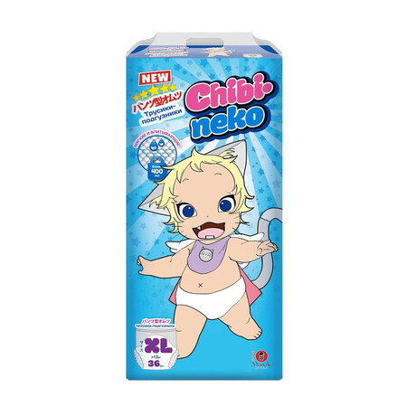 Подгузники-трусики MANEKI Chibi-Neko (с 12кг) разм. XL, 36 шт.