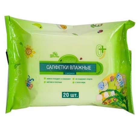 Салфетки детские МИР ДЕТСТВА 40027 влажные с алоэ вера, 20 шт.