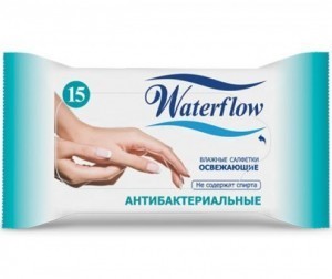 Салфетки WATERFLOW влажные освежающие антибактериальные, 15 шт.