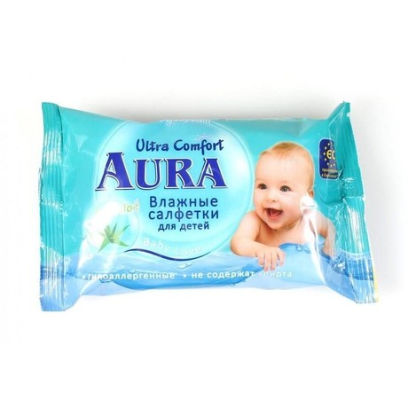 Салфетки детские AURA Ultra Comfort влажные алоэ и витамин E, 60 шт.