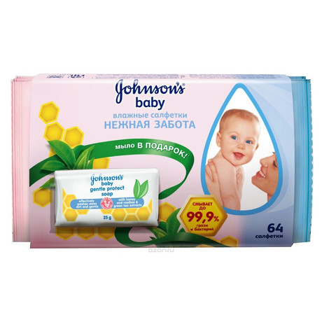 Салфетки детские ДЖОНСОН влажн. "Нежная забота" 64 шт. + Pure Protect Детское мыло 25г