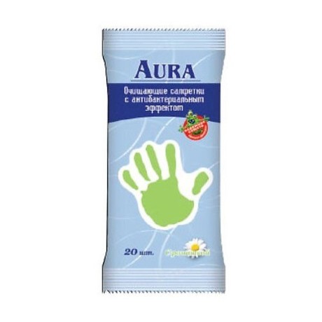 Салфетки AURA влажные антибактериальные с еврохолом, 20 шт.