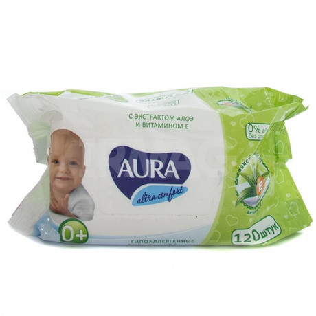 Салфетки детские AURA Ultra Comfort влажные алоэ и витамин E, 120 шт.  (без крышки)