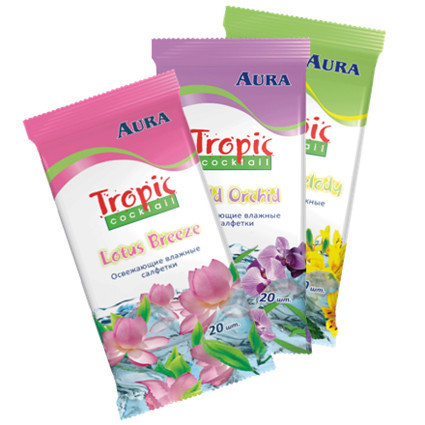 Салфетки AURA Tropical cocktail освежающие (в ассортименте), 20 шт.