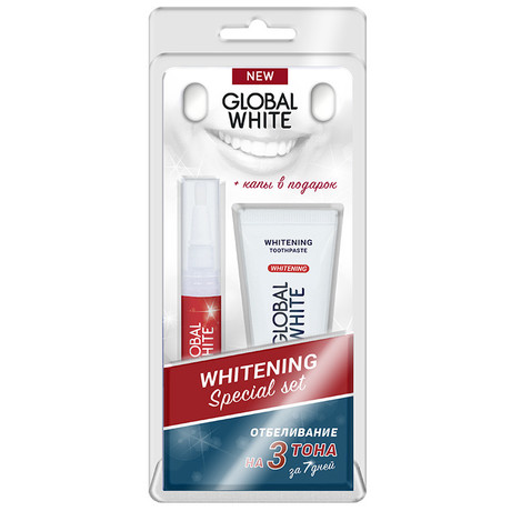 Набор GLOBAL WHITE Отбеливающий карандаш + зубная паста + капы