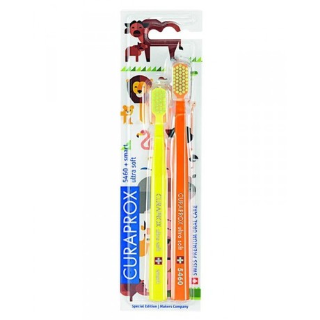 Набор CURAPROX Ultra Soft Duo Animal Family Edition CS5460 + CS Smart Animal желтая + оранжевая набор зубных щеток для семьи, 2 шт.