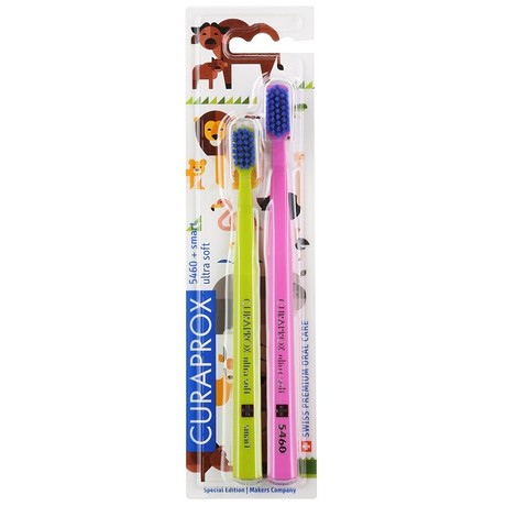 Набор CURAPROX Ultra Soft Duo Animal Family Edition CS5460 + CS Smart Animal розовая + желтая набор зубных щеток для семьи, 2 шт.