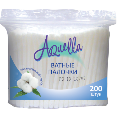 Ватные палочки AQUELLA, 200  шт.  (п/э.)