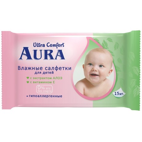Салфетки детские AURA Ultra Comfort влажные, 15 шт.