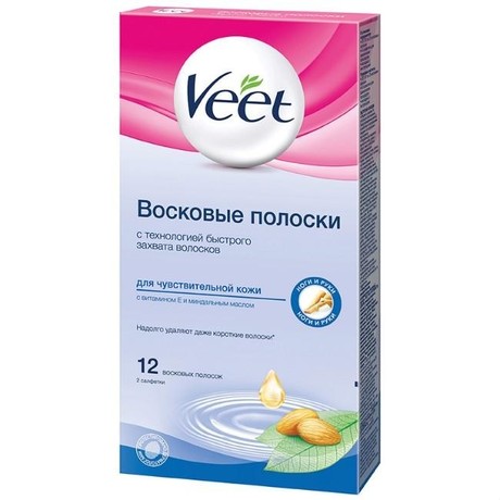 VEET восковые полоски для депиляции для чувствительной кожи с витамином Е и миндальным маслом,12 шт. + 2 салфетки
