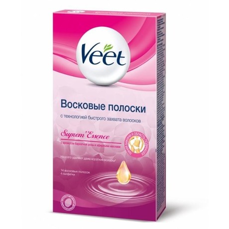 VEET восковые полоски для депиляции в области бикини с ароматом розы и эфирные маслами, 14 шт.  + 2 салфетки