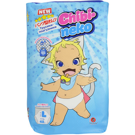 Подгузники-трусики MANEKI Chibi-Neko разм. L (9-14кг), 42 шт.