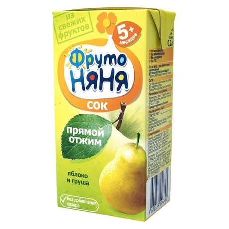 Сок ФРУТОНЯНЯ яблочно-грушевый прямого отжима 200мл