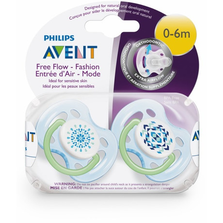 Соска-пустышка AVENT силиконовая free flow (0-6 мес.) (арт. 180/25), 2 шт.  (голуб/рисунок) (3 + 1)